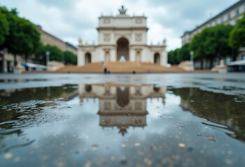 Naklejka premium Reflection of an iconic archway in a puddle after rain