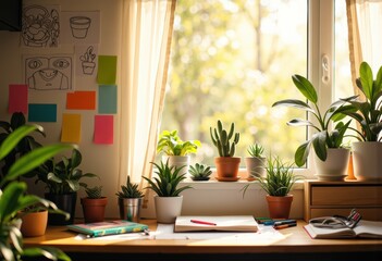Cozy workspace with potted plants and colorful sticky notes by the window