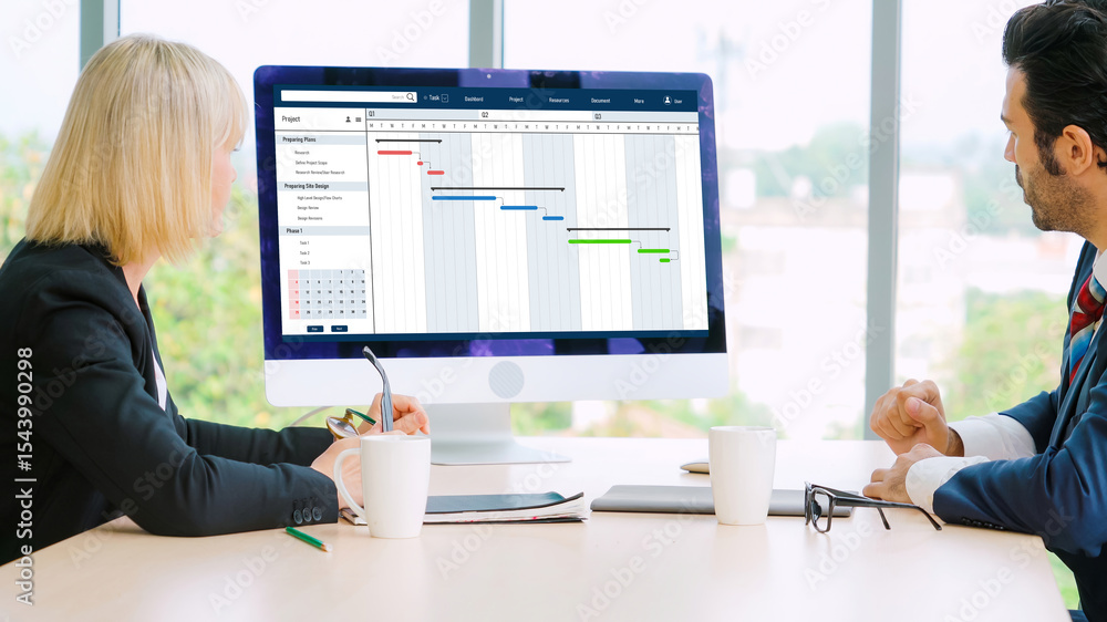 Poster project planning software for modish business project management on the computer screen showing time