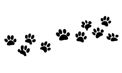 Footprint of dog, cat paw silhouette, pet trail icon, black animal track, isolated footmark cutout, walking symbol vector illustration, wild animal print art, paw shape path.