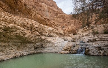 A small  lake with the waterfall in Arugot Stream Nature Reserve near Dead Sea in southern Israel