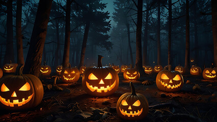 A haunted forest at midnight with dozens of floating, demonic pumpkins with evil carved faces and glowing eyes.