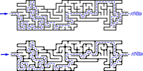 Obraz premium Set of 2 identical long labyrinths with start and finish. Maze of easy level of difficulty with solution. Nice brainstorm puzzle for kids and family.