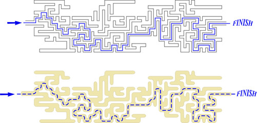 Set of 2 identical long labyrinths with start and finish. Maze of easy level of difficulty with solution. Nice brainstorm puzzle for kids and family.
