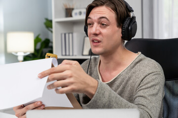Host channel in smart broadcaster with talking show on live social media streaming with script note...