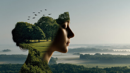 Double exposure of a woman and nature and ecology background, Environmental conservation concept for the sustainable