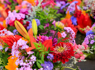 USA, Indiana, Fishers. Fresh flowers on display at market.
