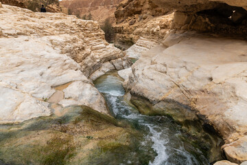 Shallow  mountain river flows along a winding channel in Arugot Stream Nature Reserve near Dead Sea in southern Israel