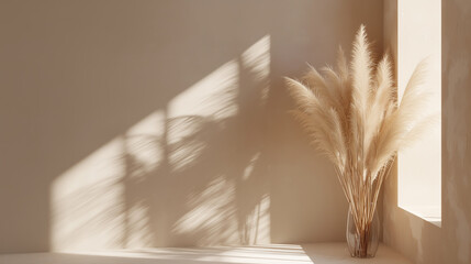 A minimalist interior showcases a vase of pampas grass casting dramatic shadows on a warm, neutral wall from strong window light.
