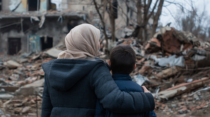 Two figures embrace, seen from behind, looking at a war-torn landscape with destroyed buildings and rubble under a somber sky.
