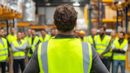 A male supervisor addresses a group of workers in high-visibility vests during a safety briefing or training session in a warehouse.
