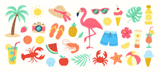 A colorful collection of beach and summer themed items including a flamingo, sunglasses, a camera, a hat, a cup, a crab, a shrimp, a watermelon, a pineapple, a lemon, a cup of ice cream