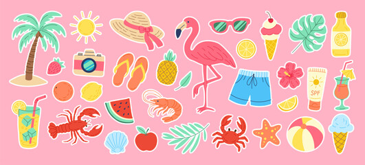 A colorful collection of stickers featuring various beach and summer items such as sunglasses, hats, and drinks