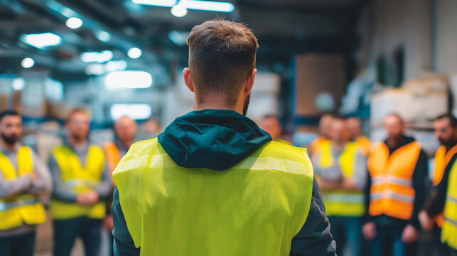 A male supervisor addresses a group of workers in high-visibility vests during a safety briefing or training session in a warehouse.

