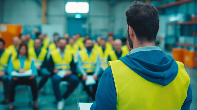 A male supervisor addresses a group of workers in high-visibility vests during a safety briefing or training session in a warehouse.
 - Powered by Adobe