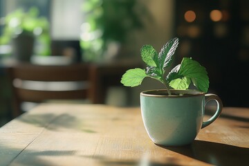 Mint plant in cafe cup with sunlight.