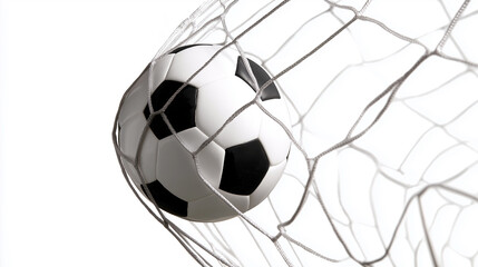 Classic black and white soccer ball hits the net for a goal, isolated on white background.
