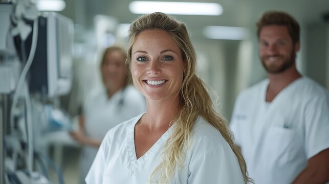 A smiling female healthcare professional stands confidently in a hospital setting, embodying dedication and care while assisting patients in need of medical services. - Powered by Adobe