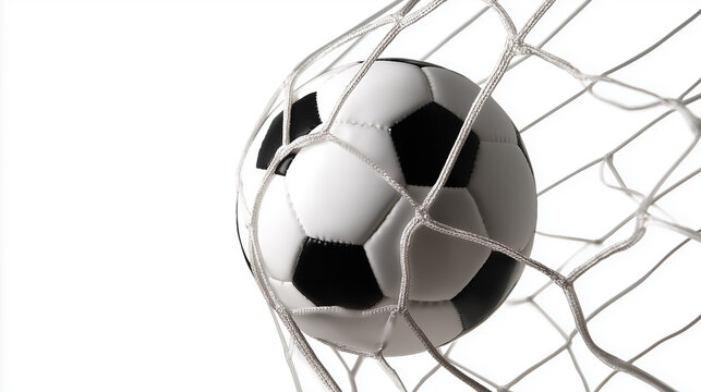 Classic black and white soccer ball hits the net for a goal, isolated on white background.