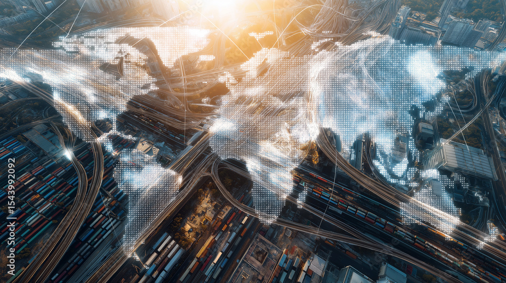 Poster an illuminated world map overlaid with glowing orange light trails and abstract lines, symbolizing g