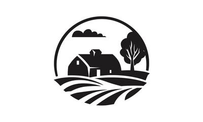 Naklejka premium Farm logo template, agriculture logo template, organic food, eco farming, nature emblem, green field, barn silhouette, fresh harvest, countryside label, vector illustration.