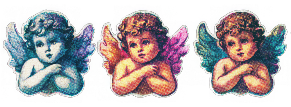 PNG Set of Colorful Vintage Cherub Illustrations – Decorative Elements on Transparent Background
