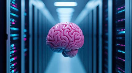 An intriguing visualization of a pink brain floating in a digital data center, symbolizing the intersection of technology, intelligence, and the future of artificial intelligence.