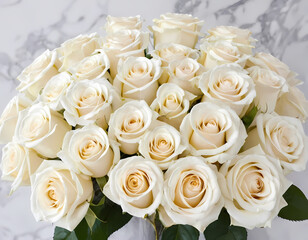 Obraz premium Beautiful white flowers, roses, over marble background. Bouquet of flowers at cemetery , funeral concept., bouquet of white roses