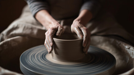 Close-up of hands shaping clay on a pottery wheel during ceramic crafting process.
