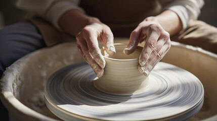 Close-up of hands shaping clay on a pottery wheel during ceramic crafting process.
