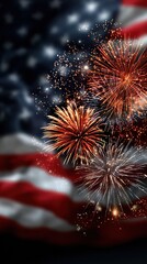 Vibrant fireworks exploding against a united states flag backdrop celebrating independence day