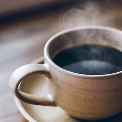 Café caliente en taza de cerámica con vapor sobre mesa de madera