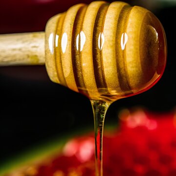 Miel goteando de un cazo de madera sobre un fondo rojo vibrante