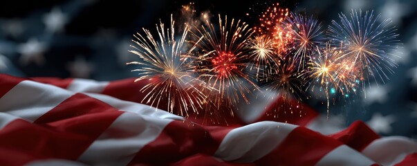 Vibrant fireworks burst over american flag waving in patriotic celebration