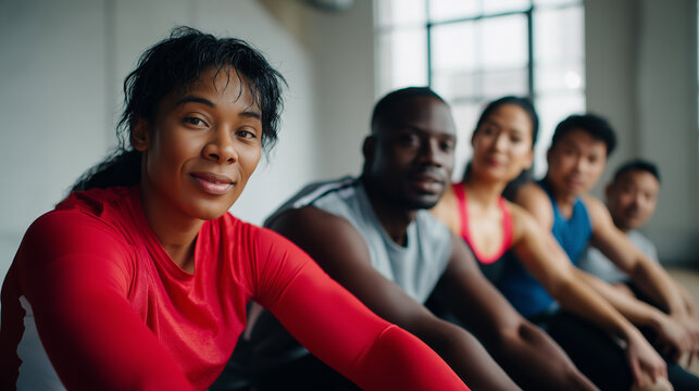 Group of diverse athletes take a break together in a gym, smiling and relaxed after a workout.
- Powered by Adobe