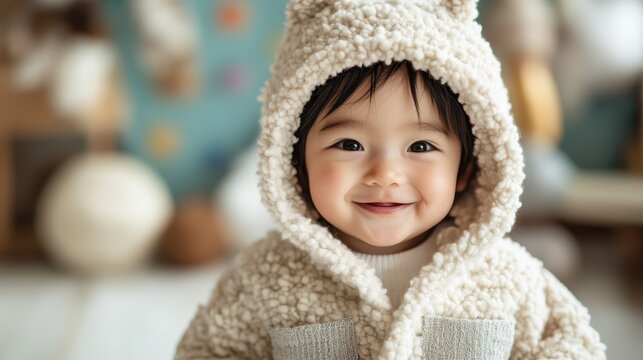 An adorable baby dressed in a soft bear hoodie smiles with pure joy, capturing the essence of innocence and warmth in a cozy, playful environment.