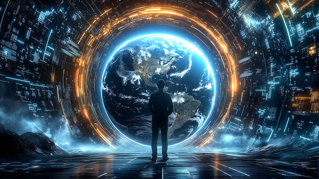 Silhouette of a person standing before a digital earth surrounded by data rings