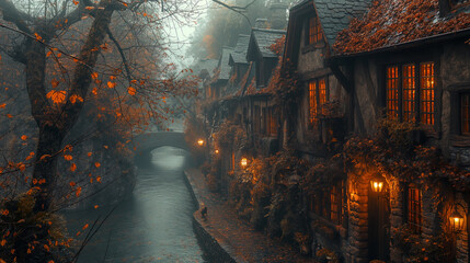 Foggy riverside village with warm glowing windows. Historic cottages line the misty canal under autumn trees, creating a cozy fairytale atmosphere.