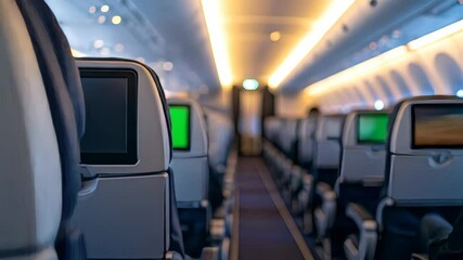 Airplane interior featuring empty seats and a green screen on the headrest display Cabin lighting illuminates the scene Ready for flight or demonstrating technology