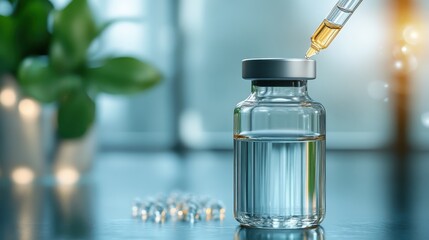 A close-up view of a dropper releasing serum into a clear glass vial, highlighting the precision and scientific approach in a laboratory or medical setting.