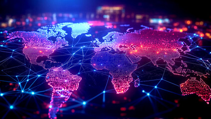 Global network with illuminated connections representing digital communication and connectivity