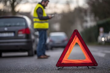 A close up of a red emergency triangle on the road in front of a car after an accident 
A man wearing yellow vest using his phone while standing next to an emergency triangle sign on the side of road 