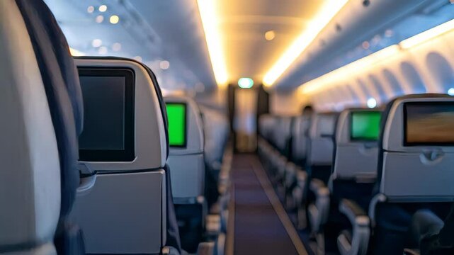Airplane interior featuring empty seats and a green screen on the headrest display Cabin lighting illuminates the scene Ready for flight or demonstrating technology