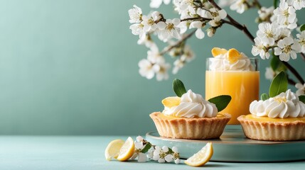 An inviting arrangement of lemon tarts accompanied by fresh floral blossoms, showcasing dessert artistry and a refreshing springtime ambiance.
