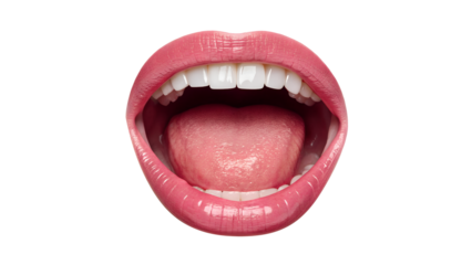 Open mouth with pink lips and white teeth isolated on transparent background
