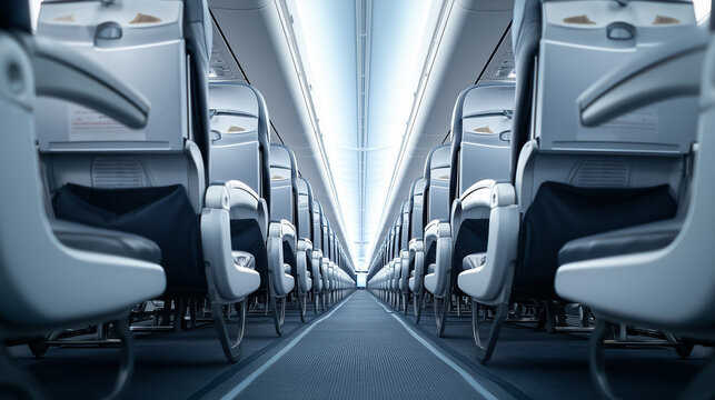 Symmetrical view of empty airplane cabin with rows of seats and aisle.
