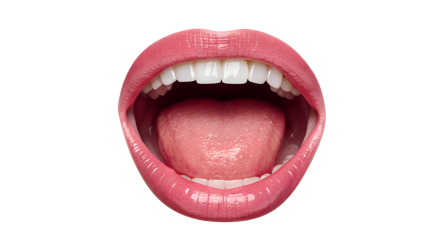 Open mouth with pink lips and white teeth isolated on transparent background