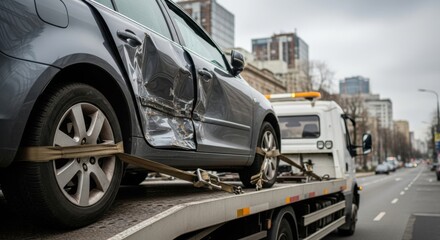 Damaged gray car loaded on platform of tow truck after accident. Roadside assistance and vehicle recovery service concept.