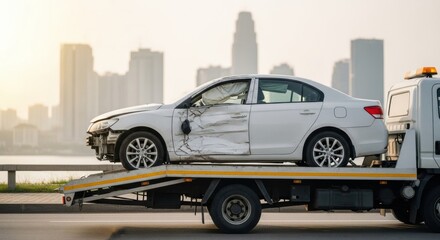 White car damaged in a traffic accident is being towed on a tow truck for repair or disposal. Automobile emergency roadside assistance.