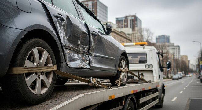 Damaged gray car loaded on platform of tow truck after accident. Roadside assistance and vehicle recovery service concept.